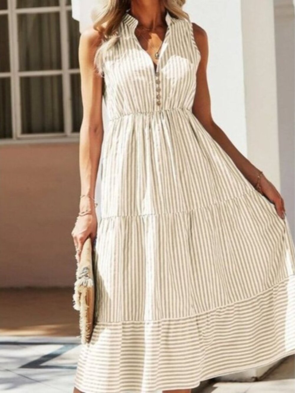 Multicolor Boho Womens Striped Print Notched Neck A-line Dress